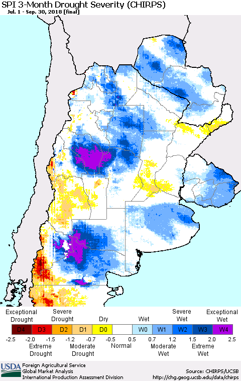 Southern South America SPI 3-Month Drought Severity (CHIRPS) Thematic Map For 7/1/2018 - 9/30/2018