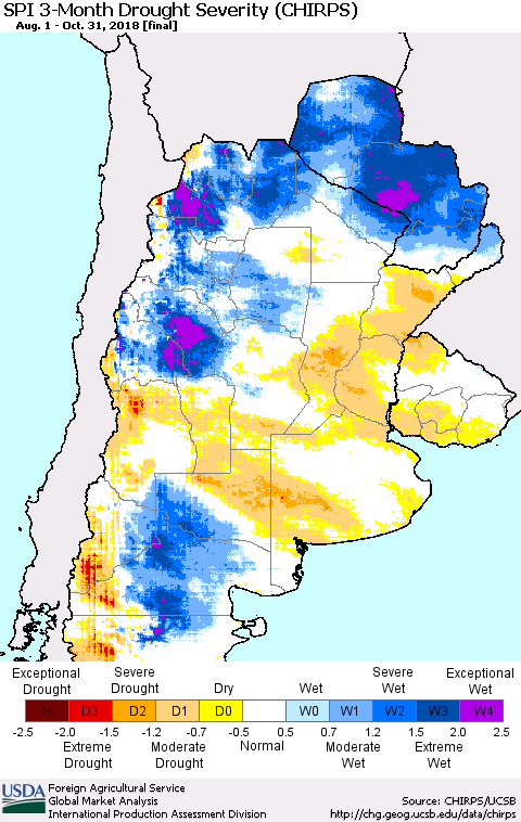 Southern South America SPI 3-Month Drought Severity (CHIRPS) Thematic Map For 8/1/2018 - 10/31/2018