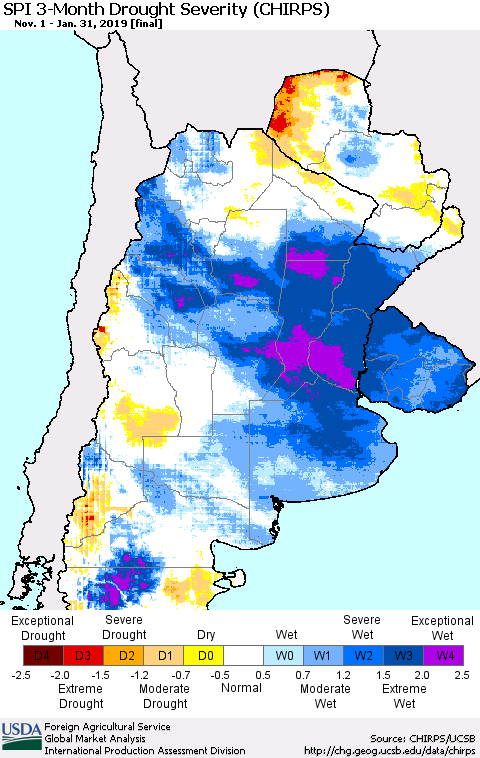 Southern South America SPI 3-Month Drought Severity (CHIRPS) Thematic Map For 11/1/2018 - 1/31/2019