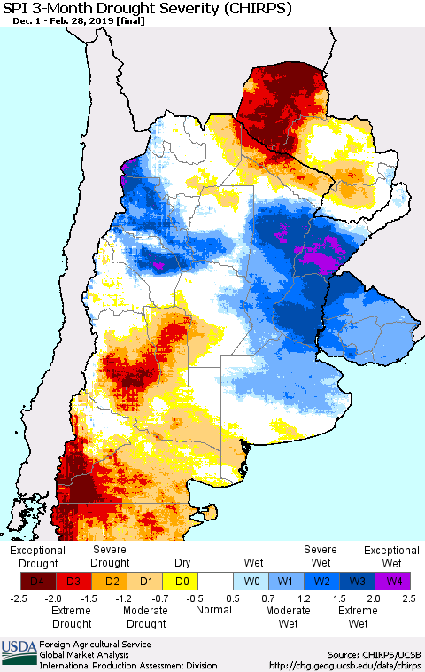 Southern South America SPI 3-Month Drought Severity (CHIRPS) Thematic Map For 12/1/2018 - 2/28/2019