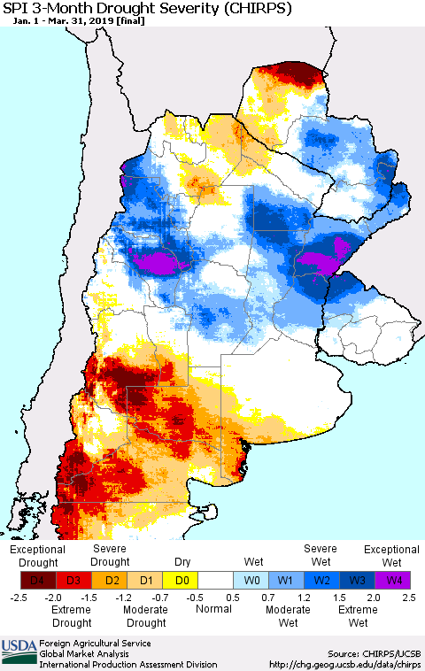Southern South America SPI 3-Month Drought Severity (CHIRPS) Thematic Map For 1/1/2019 - 3/31/2019