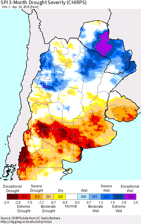 Southern South America SPI 3-Month Drought Severity (CHIRPS) Thematic Map For 2/1/2019 - 4/30/2019