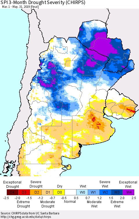 Southern South America SPI 3-Month Drought Severity (CHIRPS) Thematic Map For 3/1/2019 - 5/31/2019