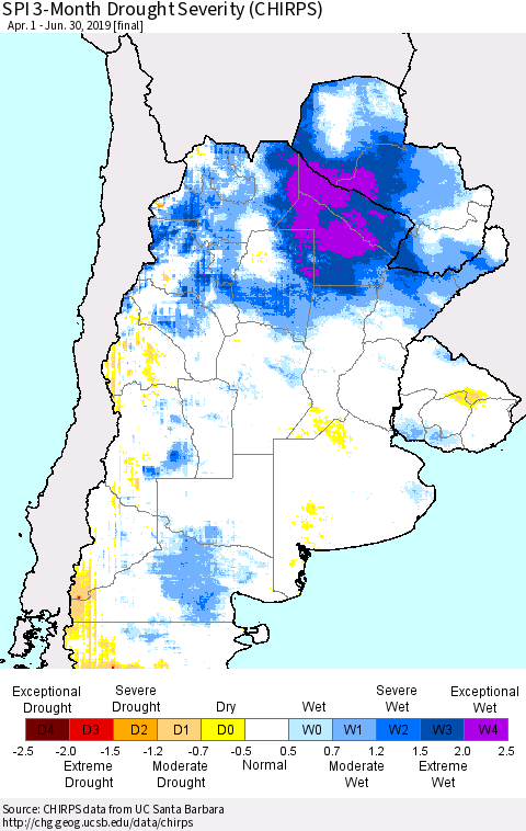 Southern South America SPI 3-Month Drought Severity (CHIRPS) Thematic Map For 4/1/2019 - 6/30/2019