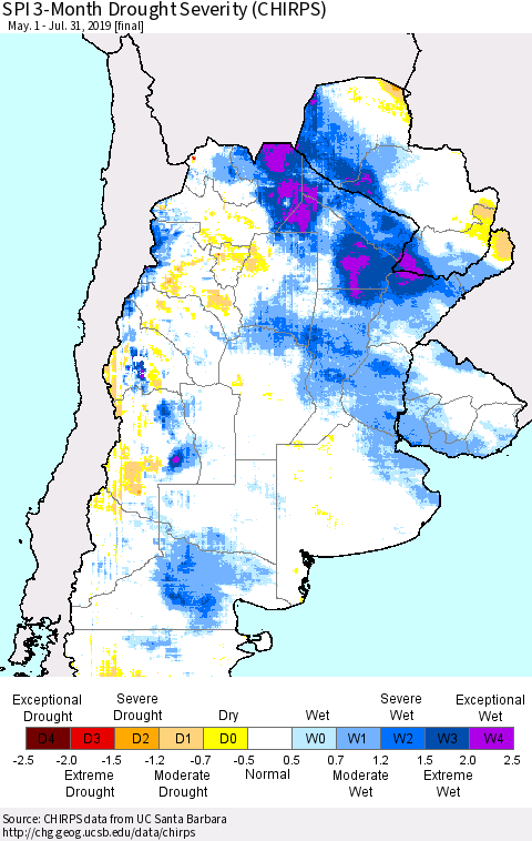 Southern South America SPI 3-Month Drought Severity (CHIRPS) Thematic Map For 5/1/2019 - 7/31/2019