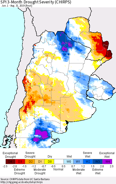 Southern South America SPI 3-Month Drought Severity (CHIRPS) Thematic Map For 6/1/2019 - 8/31/2019