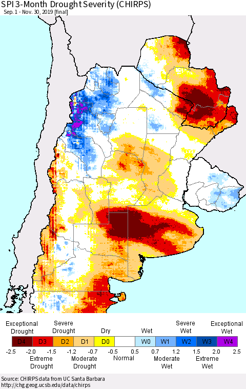 Southern South America SPI 3-Month Drought Severity (CHIRPS) Thematic Map For 9/1/2019 - 11/30/2019