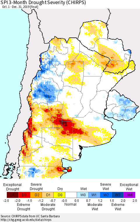 Southern South America SPI 3-Month Drought Severity (CHIRPS) Thematic Map For 10/1/2019 - 12/31/2019