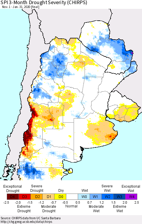Southern South America SPI 3-Month Drought Severity (CHIRPS) Thematic Map For 11/1/2019 - 1/31/2020