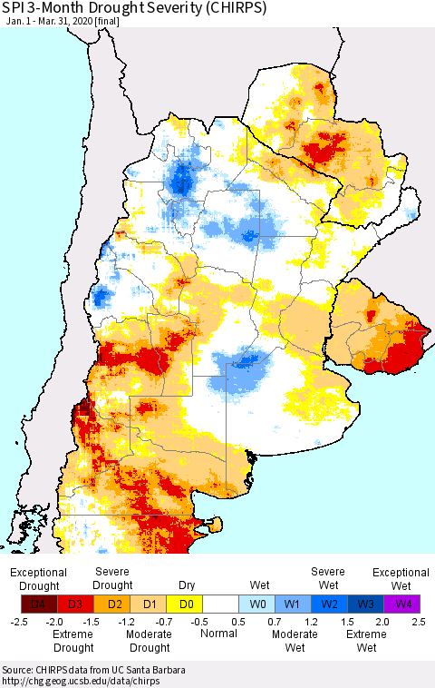 Southern South America SPI 3-Month Drought Severity (CHIRPS) Thematic Map For 1/1/2020 - 3/31/2020