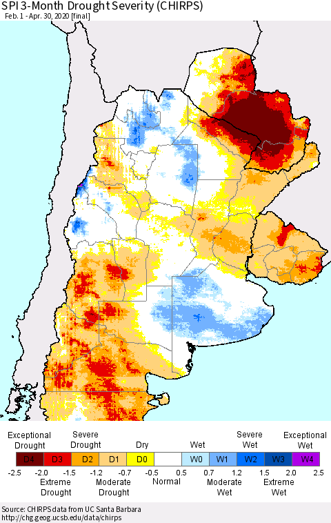 Southern South America SPI 3-Month Drought Severity (CHIRPS) Thematic Map For 2/1/2020 - 4/30/2020