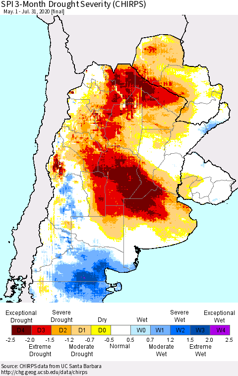 Southern South America SPI 3-Month Drought Severity (CHIRPS) Thematic Map For 5/1/2020 - 7/31/2020