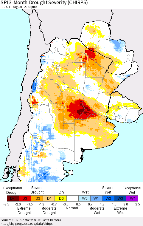 Southern South America SPI 3-Month Drought Severity (CHIRPS) Thematic Map For 6/1/2020 - 8/31/2020