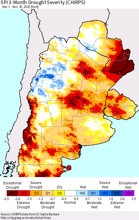 Southern South America SPI 3-Month Drought Severity (CHIRPS) Thematic Map For 9/1/2020 - 11/30/2020