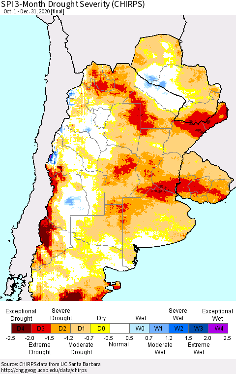 Southern South America SPI 3-Month Drought Severity (CHIRPS) Thematic Map For 10/1/2020 - 12/31/2020