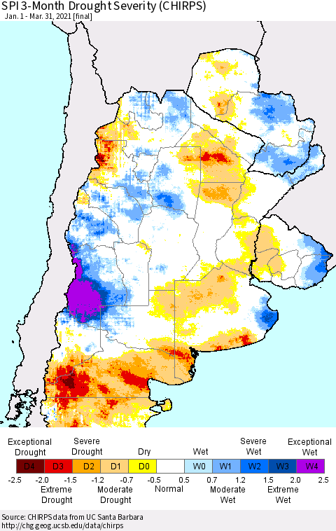 Southern South America SPI 3-Month Drought Severity (CHIRPS) Thematic Map For 1/1/2021 - 3/31/2021