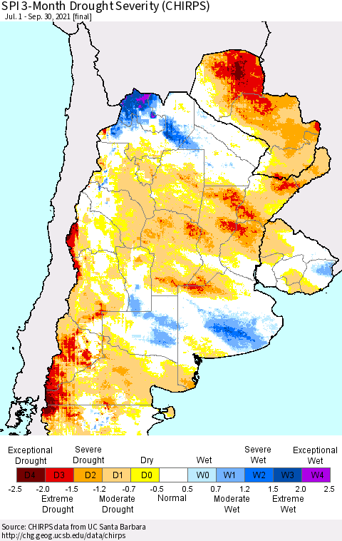 Southern South America SPI 3-Month Drought Severity (CHIRPS) Thematic Map For 7/1/2021 - 9/30/2021