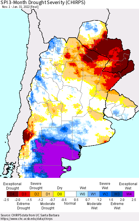 Southern South America SPI 3-Month Drought Severity (CHIRPS) Thematic Map For 11/1/2021 - 1/31/2022