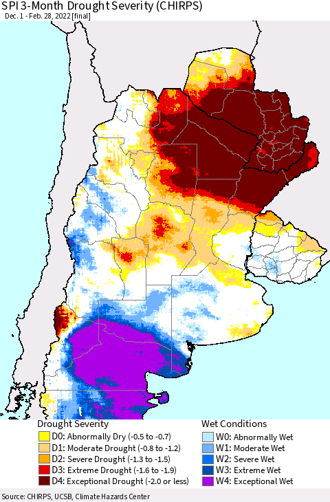 Southern South America SPI 3-Month Drought Severity (CHIRPS) Thematic Map For 12/1/2021 - 2/28/2022