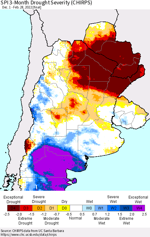 Southern South America SPI 3-Month Drought Severity (CHIRPS) Thematic Map For 12/1/2021 - 2/28/2022