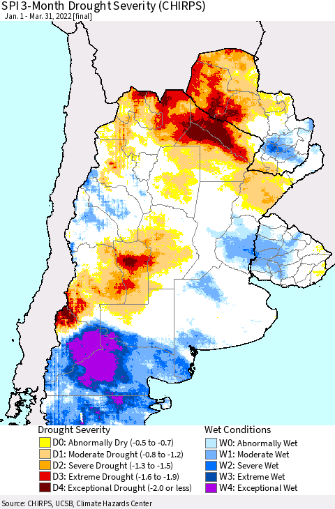 Southern South America SPI 3-Month Drought Severity (CHIRPS) Thematic Map For 1/1/2022 - 3/31/2022