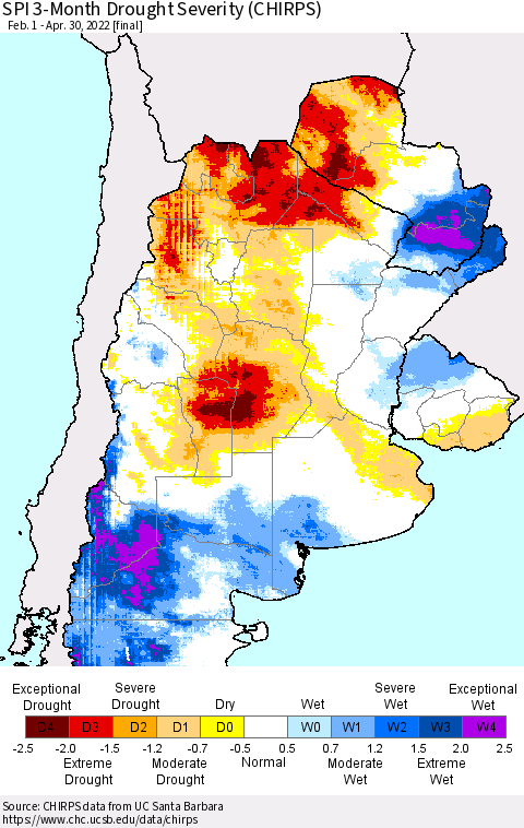 Southern South America SPI 3-Month Drought Severity (CHIRPS) Thematic Map For 2/1/2022 - 4/30/2022