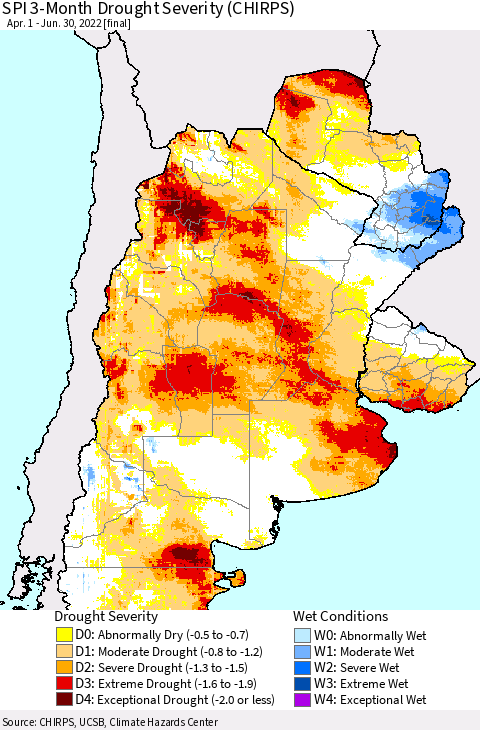 Southern South America SPI 3-Month Drought Severity (CHIRPS) Thematic Map For 4/1/2022 - 6/30/2022