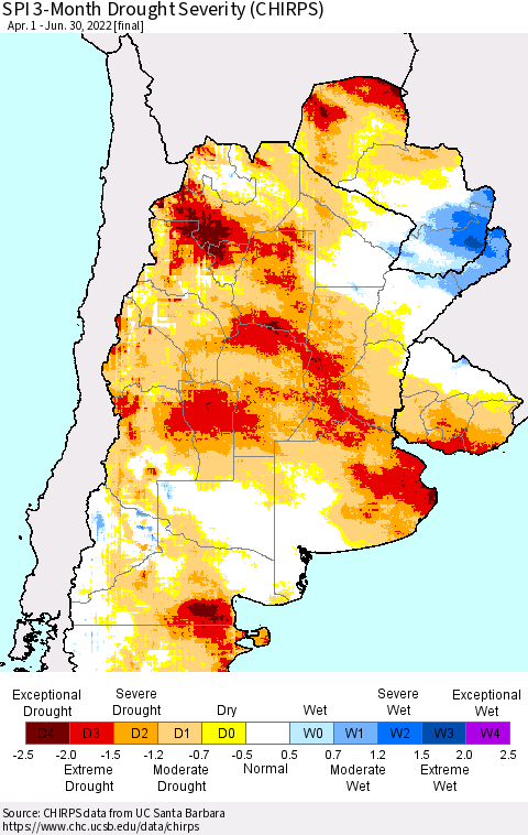 Southern South America SPI 3-Month Drought Severity (CHIRPS) Thematic Map For 4/1/2022 - 6/30/2022