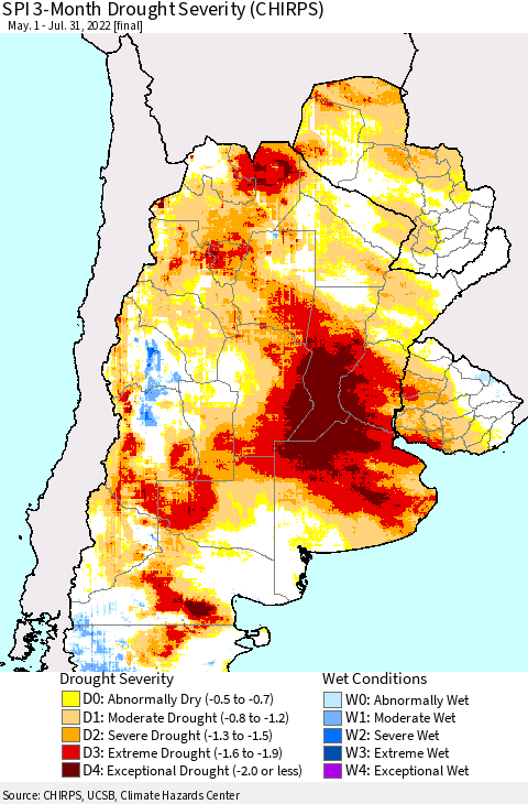 Southern South America SPI 3-Month Drought Severity (CHIRPS) Thematic Map For 5/1/2022 - 7/31/2022