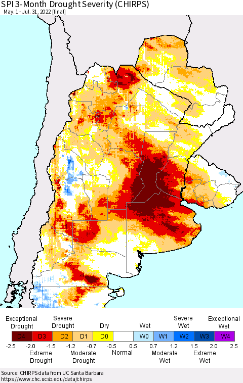 Southern South America SPI 3-Month Drought Severity (CHIRPS) Thematic Map For 5/1/2022 - 7/31/2022