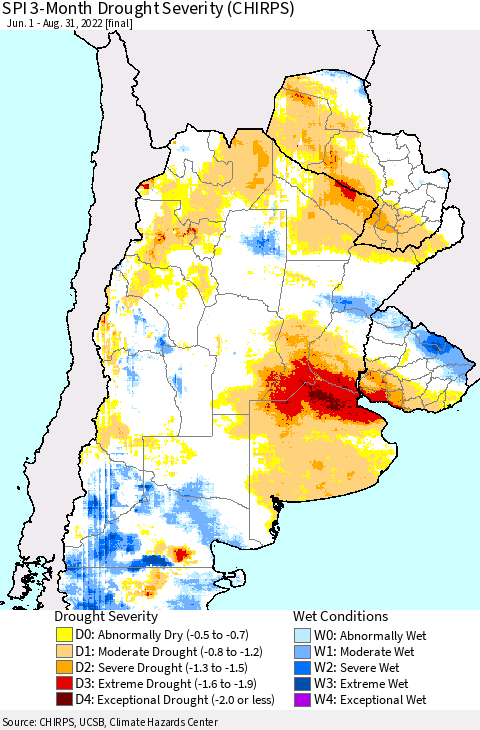 Southern South America SPI 3-Month Drought Severity (CHIRPS) Thematic Map For 6/1/2022 - 8/31/2022