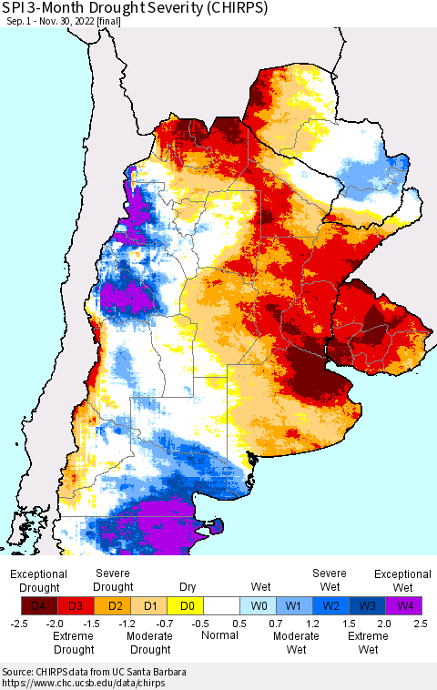 Southern South America SPI 3-Month Drought Severity (CHIRPS) Thematic Map For 9/1/2022 - 11/30/2022