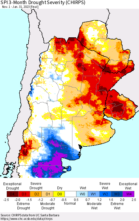 Southern South America SPI 3-Month Drought Severity (CHIRPS) Thematic Map For 11/1/2022 - 1/31/2023