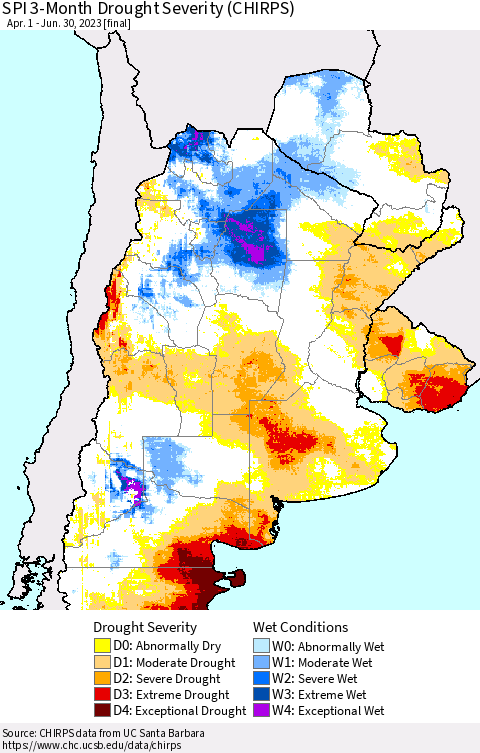 Southern South America SPI 3-Month Drought Severity (CHIRPS) Thematic Map For 4/1/2023 - 6/30/2023