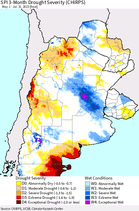 Southern South America SPI 3-Month Drought Severity (CHIRPS) Thematic Map For 5/1/2023 - 7/31/2023