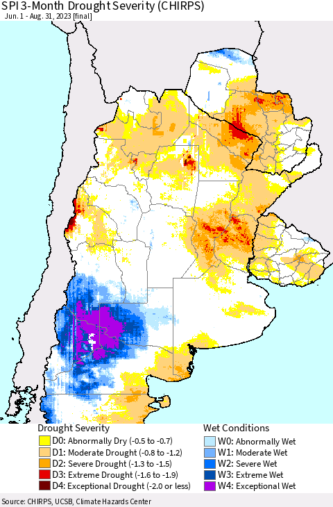 Southern South America SPI 3-Month Drought Severity (CHIRPS) Thematic Map For 6/1/2023 - 8/31/2023