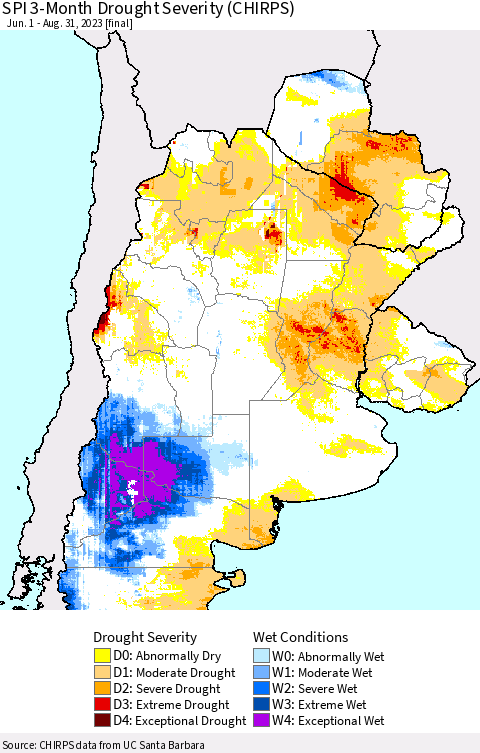 Southern South America SPI 3-Month Drought Severity (CHIRPS) Thematic Map For 6/1/2023 - 8/31/2023