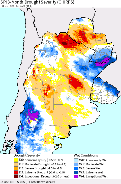 Southern South America SPI 3-Month Drought Severity (CHIRPS) Thematic Map For 7/1/2023 - 9/30/2023