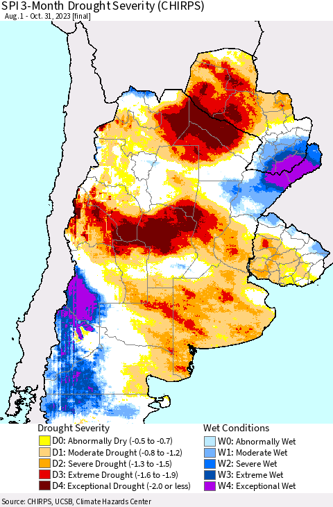 Southern South America SPI 3-Month Drought Severity (CHIRPS) Thematic Map For 8/1/2023 - 10/31/2023