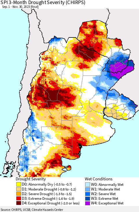 Southern South America SPI 3-Month Drought Severity (CHIRPS) Thematic Map For 9/1/2023 - 11/30/2023