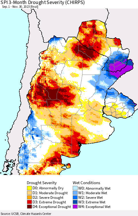 Southern South America SPI 3-Month Drought Severity (CHIRPS) Thematic Map For 9/1/2023 - 11/30/2023