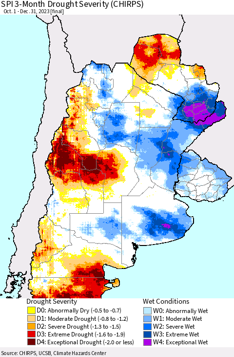 Southern South America SPI 3-Month Drought Severity (CHIRPS) Thematic Map For 10/1/2023 - 12/31/2023