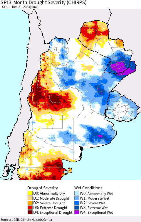 Southern South America SPI 3-Month Drought Severity (CHIRPS) Thematic Map For 10/1/2023 - 12/31/2023