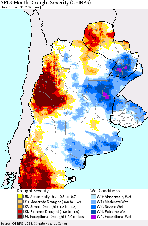 Southern South America SPI 3-Month Drought Severity (CHIRPS) Thematic Map For 11/1/2023 - 1/31/2024