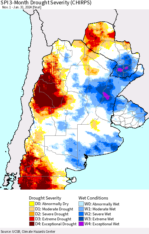 Southern South America SPI 3-Month Drought Severity (CHIRPS) Thematic Map For 11/1/2023 - 1/31/2024