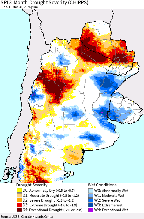 Southern South America SPI 3-Month Drought Severity (CHIRPS) Thematic Map For 1/1/2024 - 3/31/2024