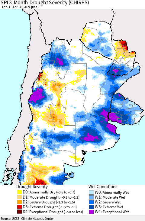 Southern South America SPI 3-Month Drought Severity (CHIRPS) Thematic Map For 2/1/2024 - 4/30/2024