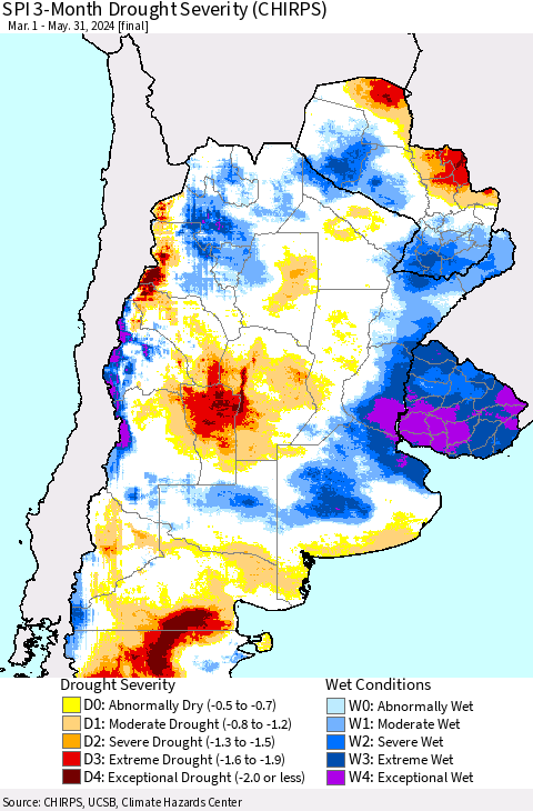 Southern South America SPI 3-Month Drought Severity (CHIRPS) Thematic Map For 3/1/2024 - 5/31/2024