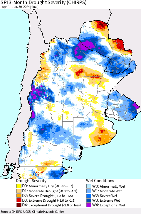 Southern South America SPI 3-Month Drought Severity (CHIRPS) Thematic Map For 4/1/2024 - 6/30/2024