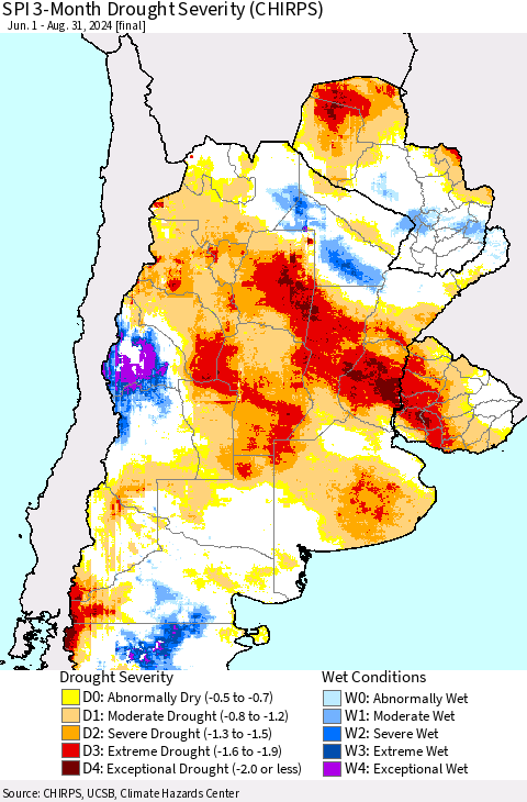 Southern South America SPI 3-Month Drought Severity (CHIRPS) Thematic Map For 6/1/2024 - 8/31/2024